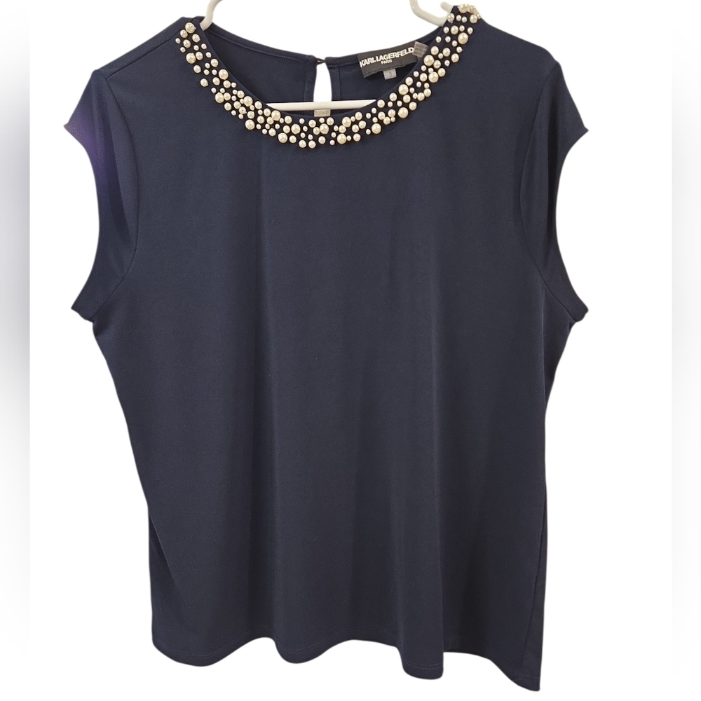 KARL LAGERFELD NAVY BLUE CAP SLEEVE TOP WITH PEARL EMBELLISHMENTS. SIZE LARGE.